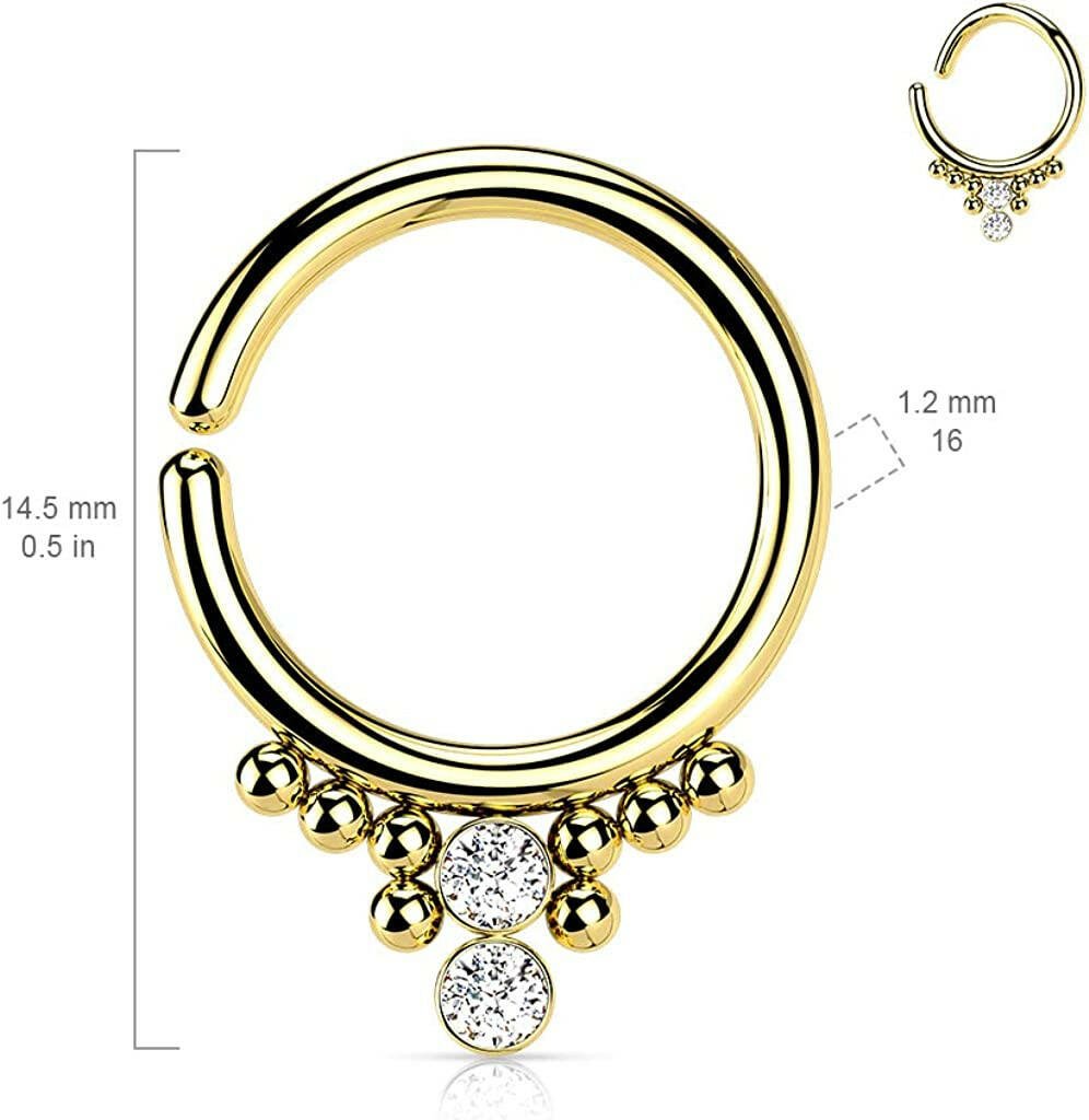 Surgical Steel 2 Round CZ Flat Balls and Cluster Beads Bendable Hoop Ring Nose Ring, cartilage ring Impulse Piercings