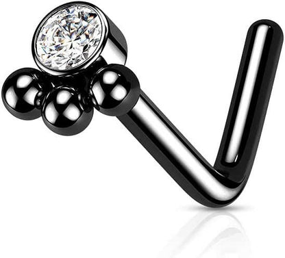 Surgical Steel 3 Beaded Ball Cluster with CZ Center L Shaped Nose Ring Nose Ring Impulse Piercings 20GA Length: 6mm Black