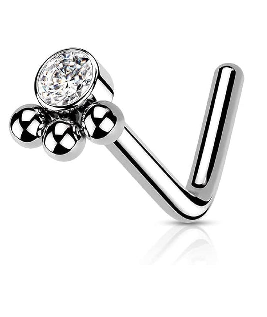 Surgical Steel 3 Beaded Ball Cluster with CZ Center L Shaped Nose Ring Nose Ring Impulse Piercings 20GA Length: 6mm Clear