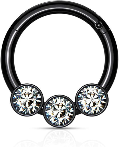 Surgical Steel 3 Bezel Crystals on Hinged Segment Hoop Ring Septum Impulse Piercings Black