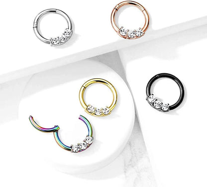 Surgical Steel 3-CZ All Hinged Segment Hoop Ring Septum Impulse Piercings