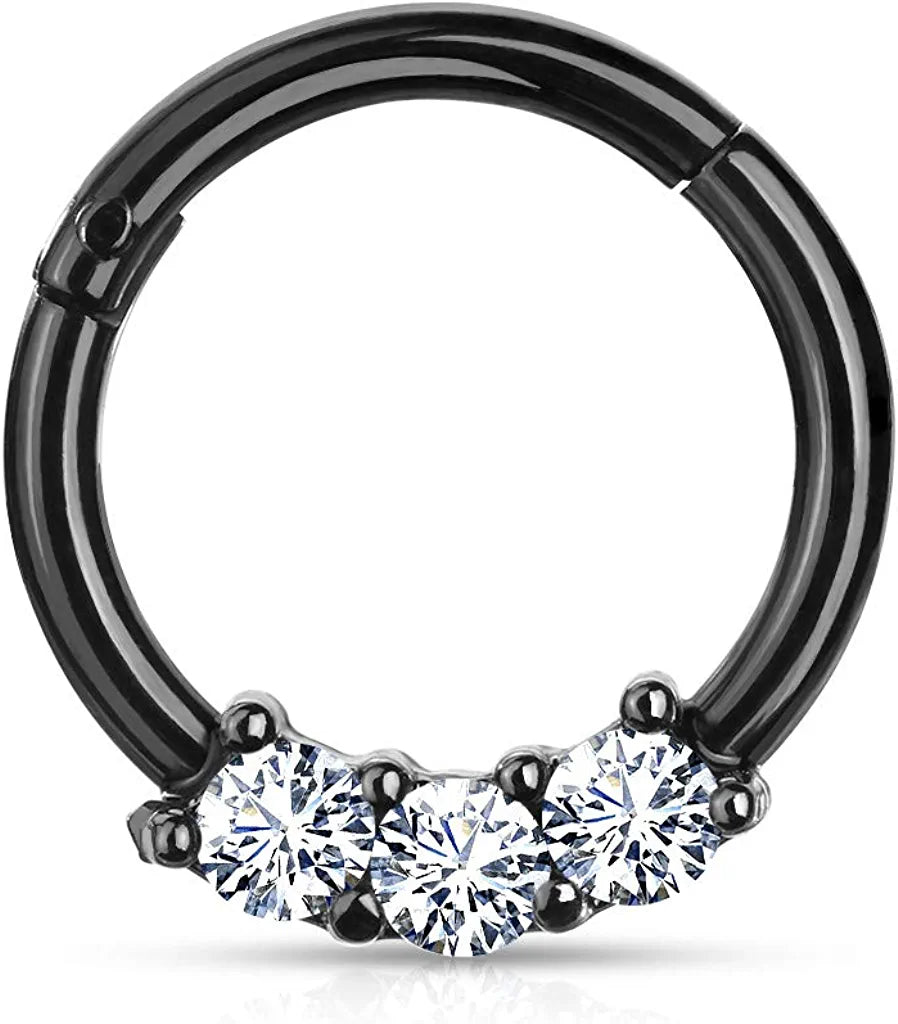 Surgical Steel 3-CZ All Hinged Segment Hoop Ring Septum Impulse Piercings Black