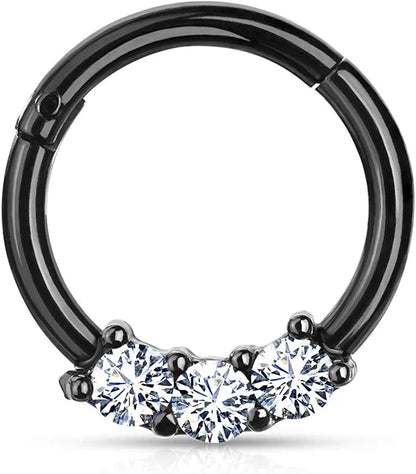 Surgical Steel 3-CZ All Hinged Segment Hoop Ring Septum Impulse Piercings Black