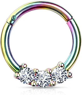 Surgical Steel 3-CZ All Hinged Segment Hoop Ring Septum Impulse Piercings Rainbow