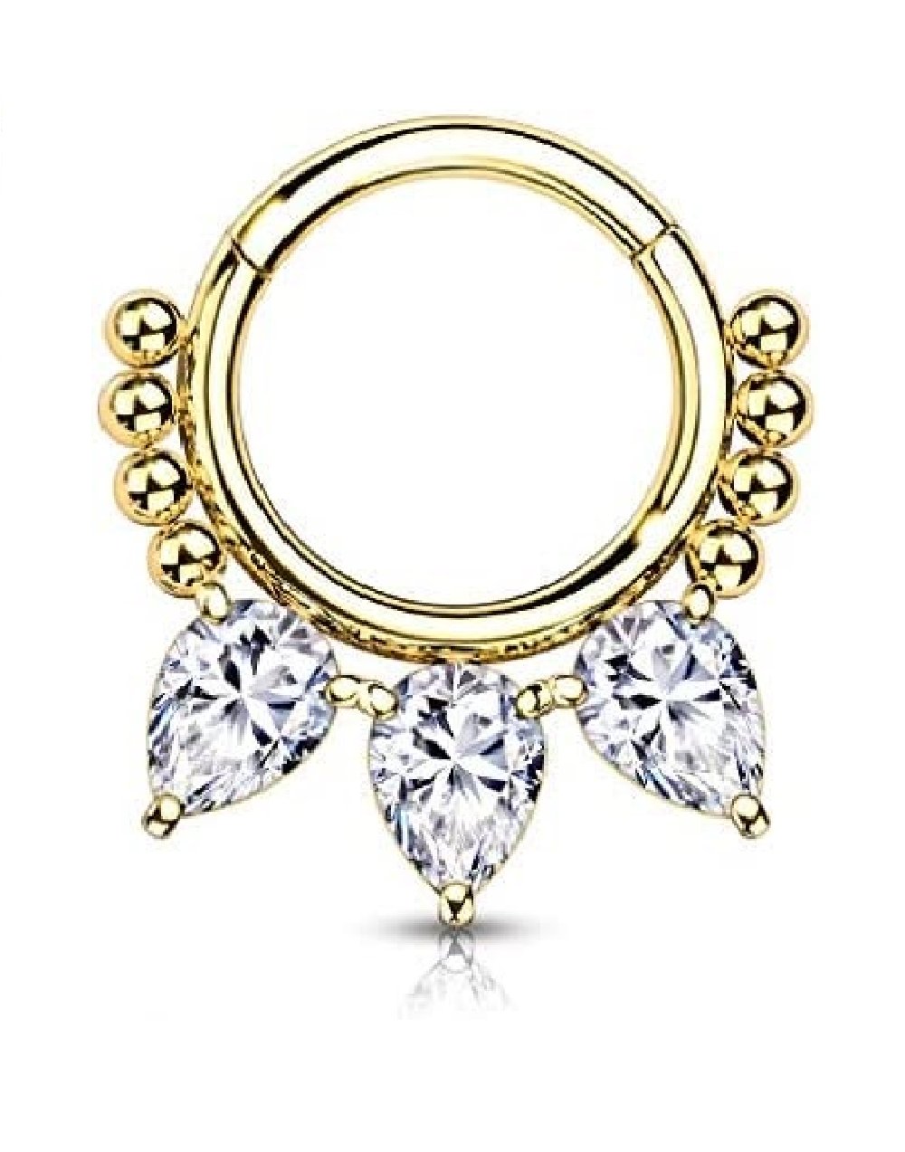 Surgical Steel 3 CZ and beads Hinged Segment Hoop Ring Nose Ring, cartilage ring Impulse Piercings Gold