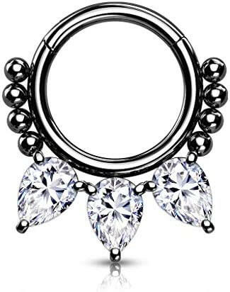 Surgical Steel 3 CZ and beads Hinged Segment Hoop Ring Nose Ring, cartilage ring Impulse Piercings Black