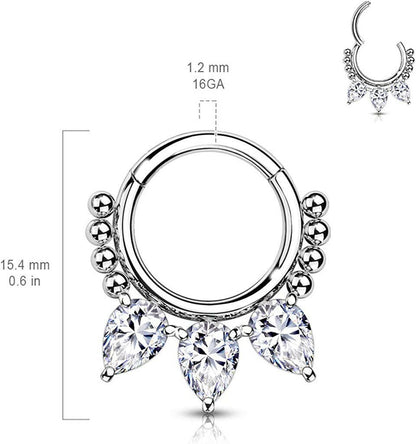 Surgical Steel 3 CZ and beads Hinged Segment Hoop Ring Nose Ring, cartilage ring Impulse Piercings