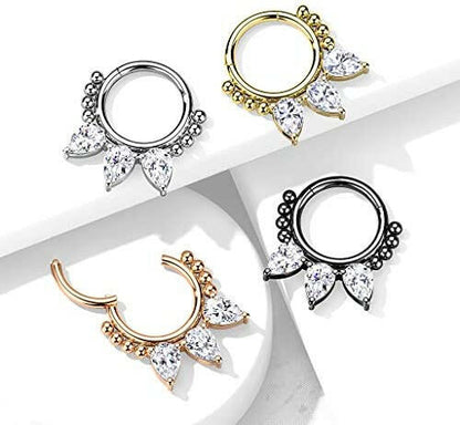 Surgical Steel 3 CZ and beads Hinged Segment Hoop Ring Nose Ring, cartilage ring Impulse Piercings