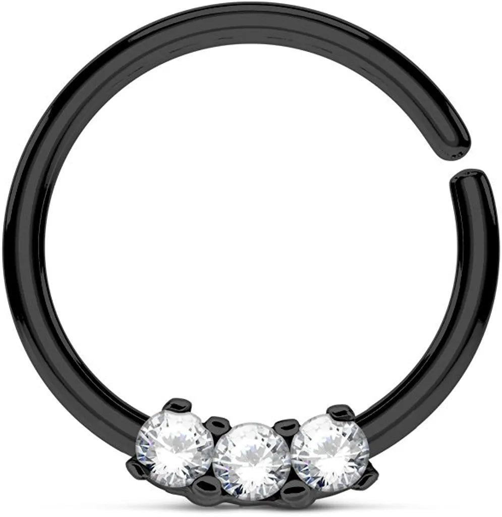 Surgical Steel 3 CZ Bendable Septum Cartilage Hoop Ring Septum Ring Impulse Piercings Black