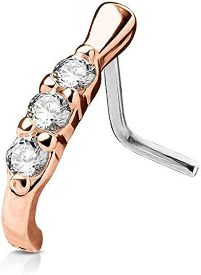 Surgical Steel 3 CZ Lined Nose Crawlers L Bend Stud Rings Nose Ring Impulse Piercings Rose Gold