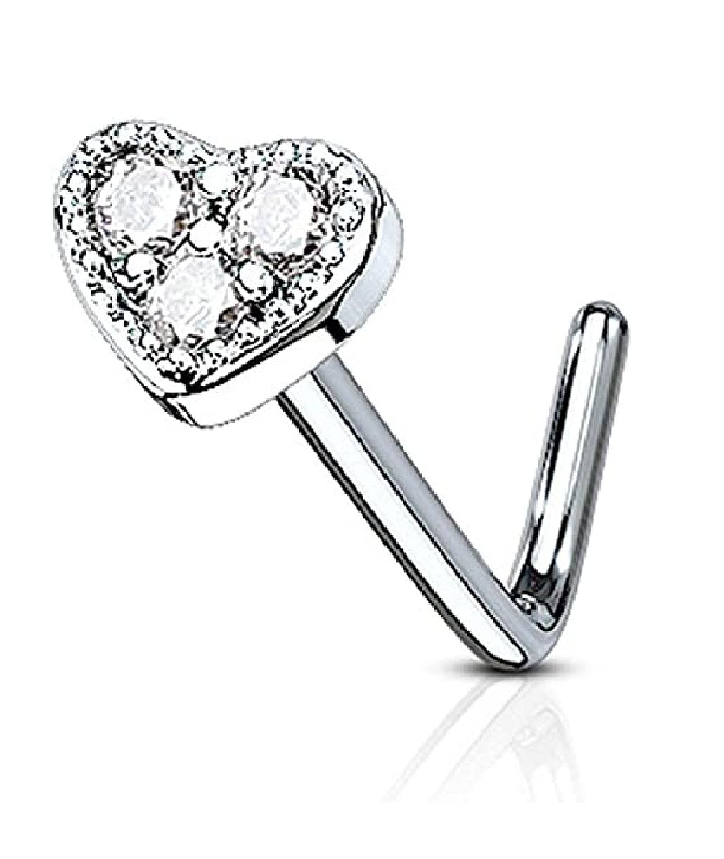 Surgical Steel 3 CZ Paved Heart L Bend Nose Rings Nose Ring Impulse Piercings Clear