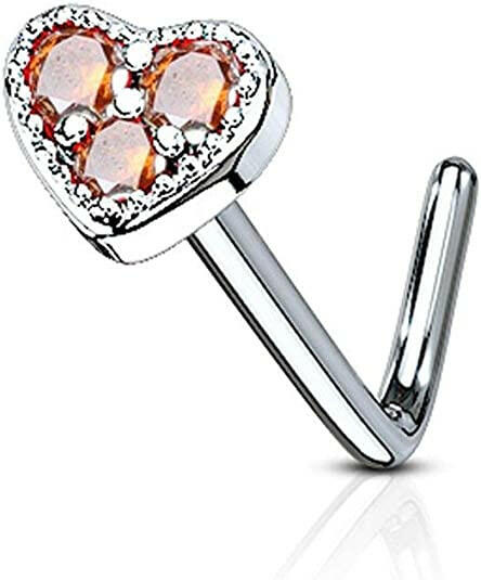 Surgical Steel 3 CZ Paved Heart L Bend Nose Rings Nose Ring Impulse Piercings Red