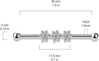 Surgical Steel 3-Internal Thread CZ Flowers Industrial Barbell Industrial Barbell Impulse Piercings