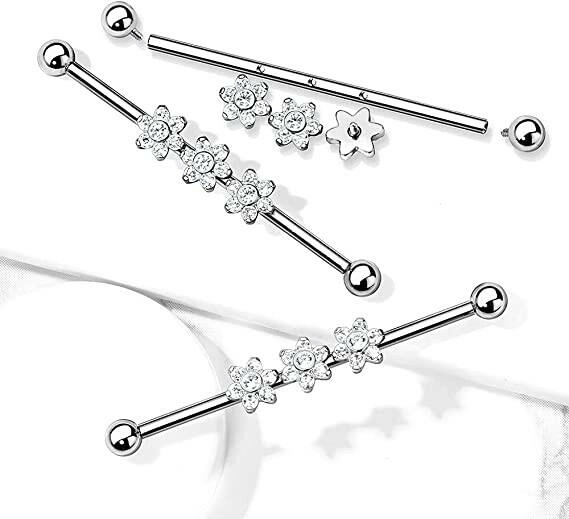 Surgical Steel 3-Internal Thread CZ Flowers Industrial Barbell Industrial Barbell Impulse Piercings