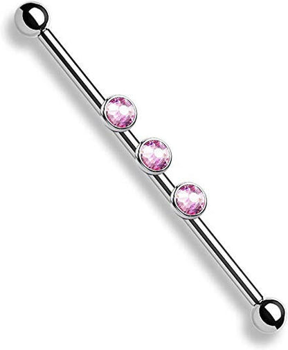 Surgical Steel 3-Internal Thread Round Gem Industrial Barbell Industrial Barbell Impulse Piercings Pink