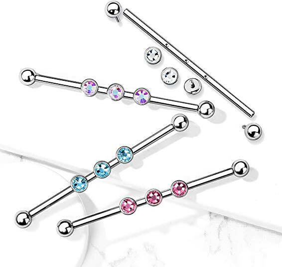 Surgical Steel 3-Internal Thread Round Gem Industrial Barbell Industrial Barbell Impulse Piercings