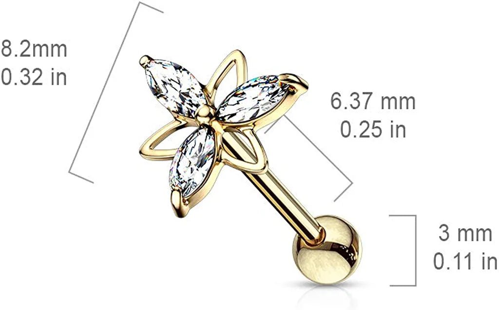 Surgical Steel 3 Marquise CZ Double Triangle Flower Top Cartilage Tragus Barbell Studs Cartilage Impulse Piercings