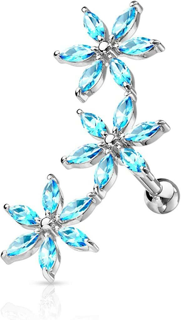 Surgical Steel 3 Marquise CZ Flowers Cartilage Tragus Barbell Studs Cartilage Impulse Piercings Aqua