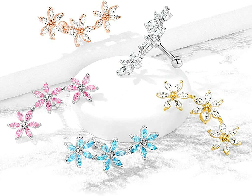 Surgical Steel 3 Marquise CZ Flowers Cartilage Tragus Barbell Studs Cartilage Impulse Piercings