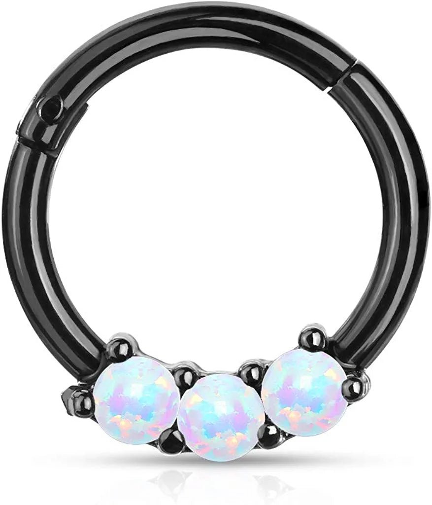 Surgical Steel 3-Opal All Hinged Segment Hoop Ring Nose Ring Impulse Piercings Black