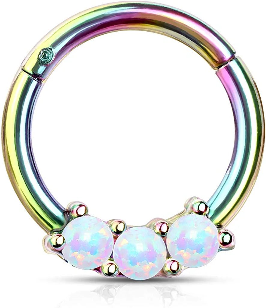 Surgical Steel 3-Opal All Hinged Segment Hoop Ring Nose Ring Impulse Piercings Rainbow