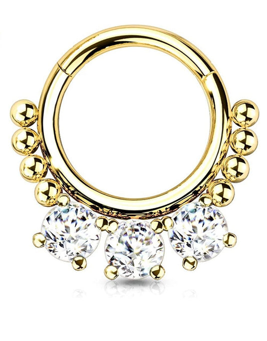 Surgical Steel 3 Round CZ and beads Hinged Segment Hoop Ring Nose Ring, cartilage ring Impulse Piercings Gold