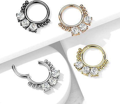 Surgical Steel 3 Round CZ and beads Hinged Segment Hoop Ring Nose Ring, cartilage ring Impulse Piercings