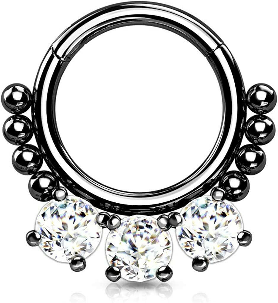 Surgical Steel 3 Round CZ and beads Hinged Segment Hoop Ring Nose Ring, cartilage ring Impulse Piercings Black