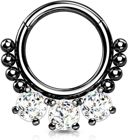 Surgical Steel 3 Round CZ and beads Hinged Segment Hoop Ring Nose Ring, cartilage ring Impulse Piercings Black