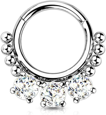 Surgical Steel 3 Round CZ and beads Hinged Segment Hoop Ring Nose Ring, cartilage ring Impulse Piercings Steel