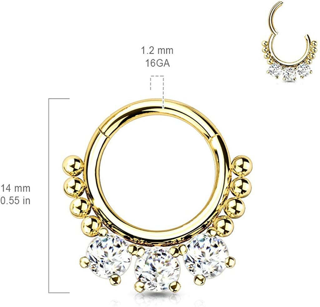 Surgical Steel 3 Round CZ and beads Hinged Segment Hoop Ring Nose Ring, cartilage ring Impulse Piercings