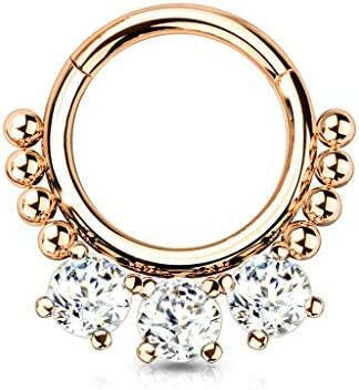 Surgical Steel 3 Round CZ and beads Hinged Segment Hoop Ring Nose Ring, cartilage ring Impulse Piercings Rose Gold