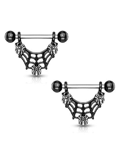 Surgical Steel 3 Spiders On Black IP Spider Web Dangle Nipple Shield Rings Nipple Ring Impulse Piercings