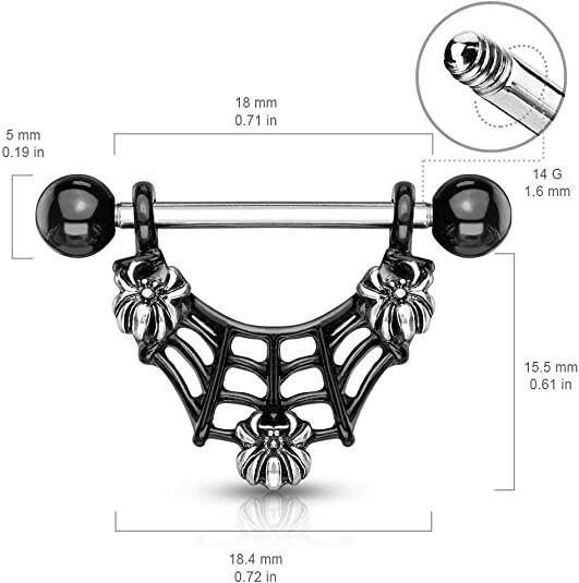 Surgical Steel 3 Spiders On Black IP Spider Web Dangle Nipple Shield Rings Nipple Ring Impulse Piercings