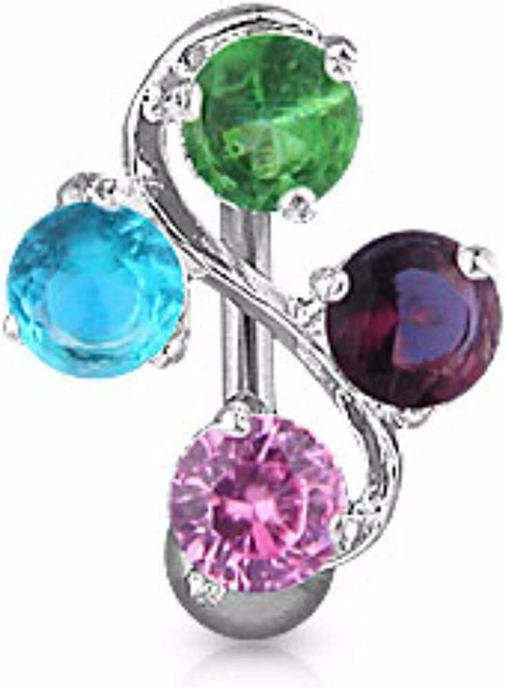 Surgical Steel 4-Gem Vine Belly Navel Ring Navel Ring Impulse Piercings Rainbow