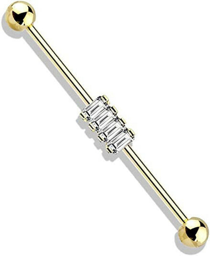 Surgical Steel 4 Square CZ Industrial Barbell Industrial Barbell Impulse Piercings Gold