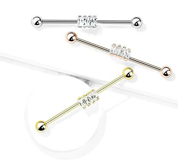 Surgical Steel 4 Square CZ Industrial Barbell Industrial Barbell Impulse Piercings