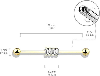 Surgical Steel 4 Square CZ Industrial Barbell Industrial Barbell Impulse Piercings