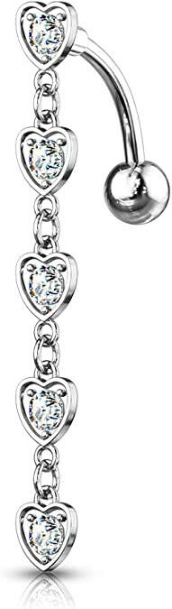 Surgical Steel 5 Crystal Center Hearts With Dangle Top Drop Belly Navel Ring Navel Ring Impulse Piercings Clear