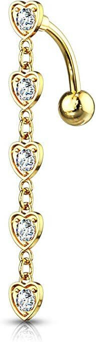 Surgical Steel 5 Crystal Center Hearts With Dangle Top Drop Belly Navel Ring Navel Ring Impulse Piercings Gold