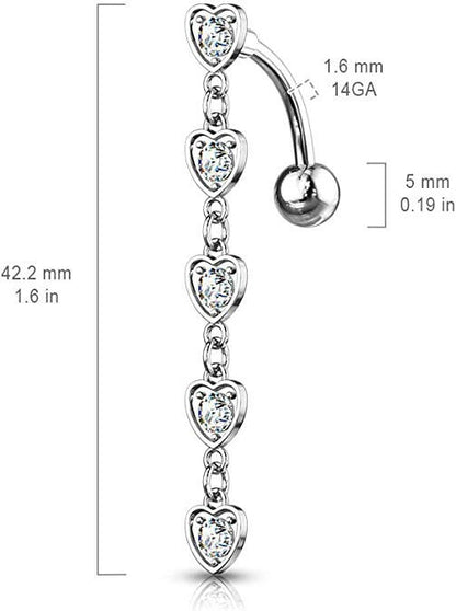 Surgical Steel 5 Crystal Center Hearts With Dangle Top Drop Belly Navel Ring Navel Ring Impulse Piercings