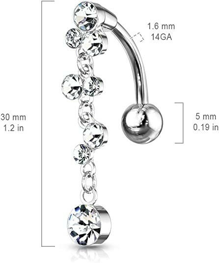 Surgical Steel 5 Crystal Center Hearts With Dangle Top Drop Belly Navel Ring Navel Ring Impulse Piercings