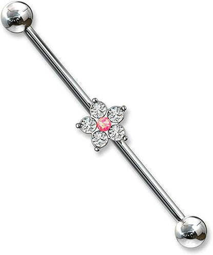 Surgical Steel 5 CZ Flower with Opal Glitter Center Industrial Barbell Industrial Barbell Impulse Piercings Pink