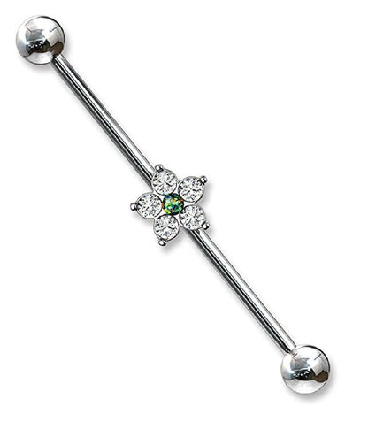 Surgical Steel 5 CZ Flower with Opal Glitter Center Industrial Barbell Industrial Barbell Impulse Piercings Dark Green