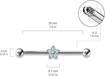 Surgical Steel 5 CZ Flower with Opal Glitter Center Industrial Barbell Industrial Barbell Impulse Piercings