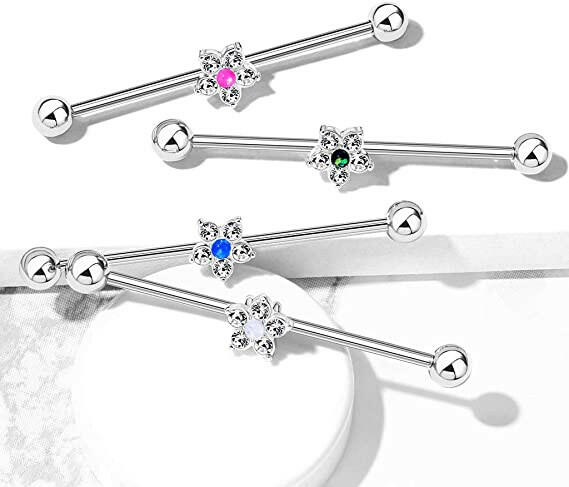 Surgical Steel 5 CZ Flower with Opal Glitter Center Industrial Barbell Industrial Barbell Impulse Piercings