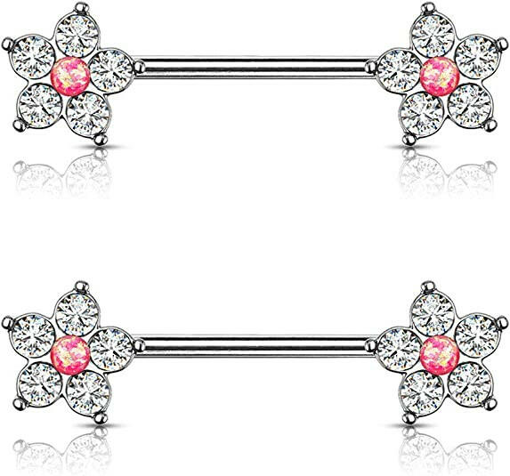 Surgical Steel 5 CZ Flower with Opal Glitter Center Nipple Barbell Rings Nipple Ring Impulse Piercings Pink