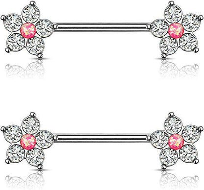 Surgical Steel 5 CZ Flower with Opal Glitter Center Nipple Barbell Rings Nipple Ring Impulse Piercings Pink