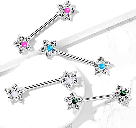 Surgical Steel 5 CZ Flower with Opal Glitter Center Nipple Barbell Rings Nipple Ring Impulse Piercings