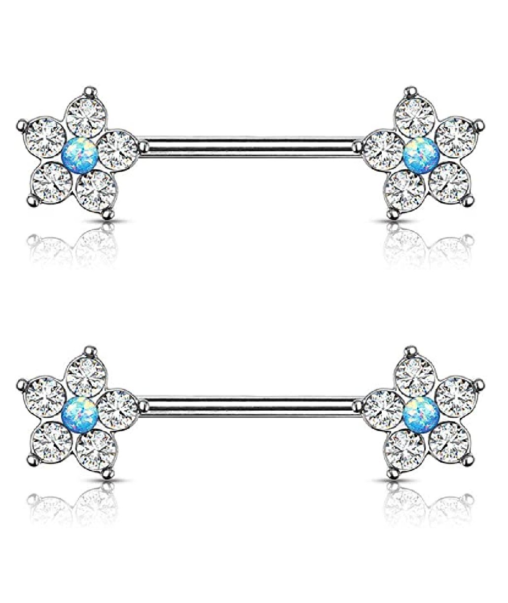 Surgical Steel 5 CZ Flower with Opal Glitter Center Nipple Barbell Rings Nipple Ring Impulse Piercings Blue